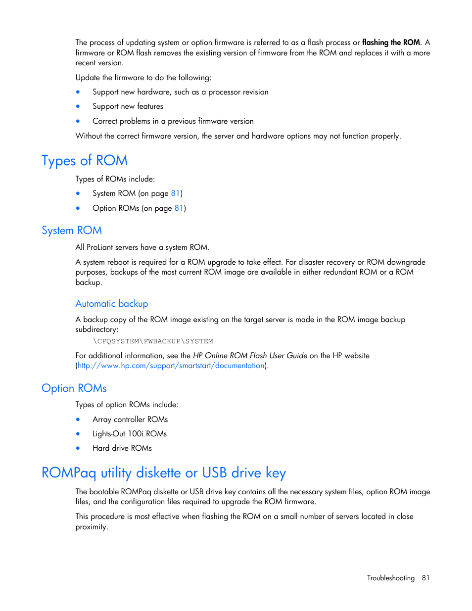 Types of rom, System rom, Automatic backup | Option roms, Rompaq utility diskette or usb drive key | HP ProLiant ML110 G6 Server User Manual | Page 81 / 109