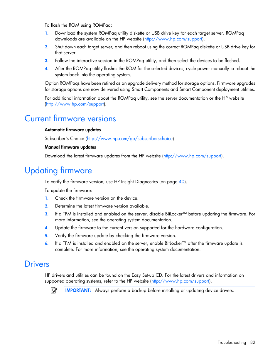 Current firmware versions, Updating firmware, Drivers | HP ProLiant ML110 G6 Server User Manual | Page 82 / 109