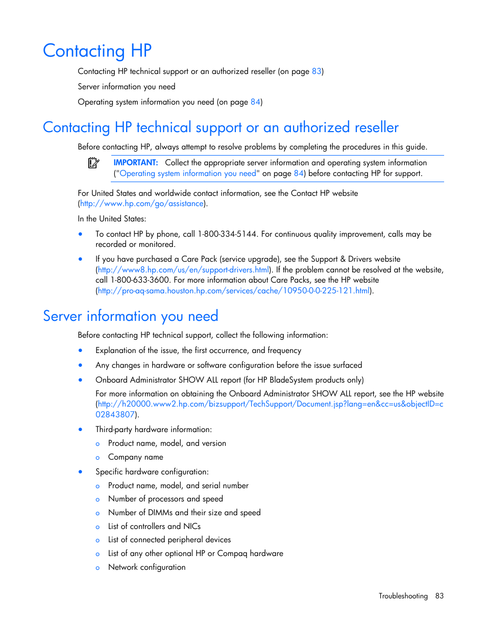 Contacting hp, Server information you need, Technical support or an authorized reseller | HP ProLiant ML110 G6 Server User Manual | Page 83 / 109