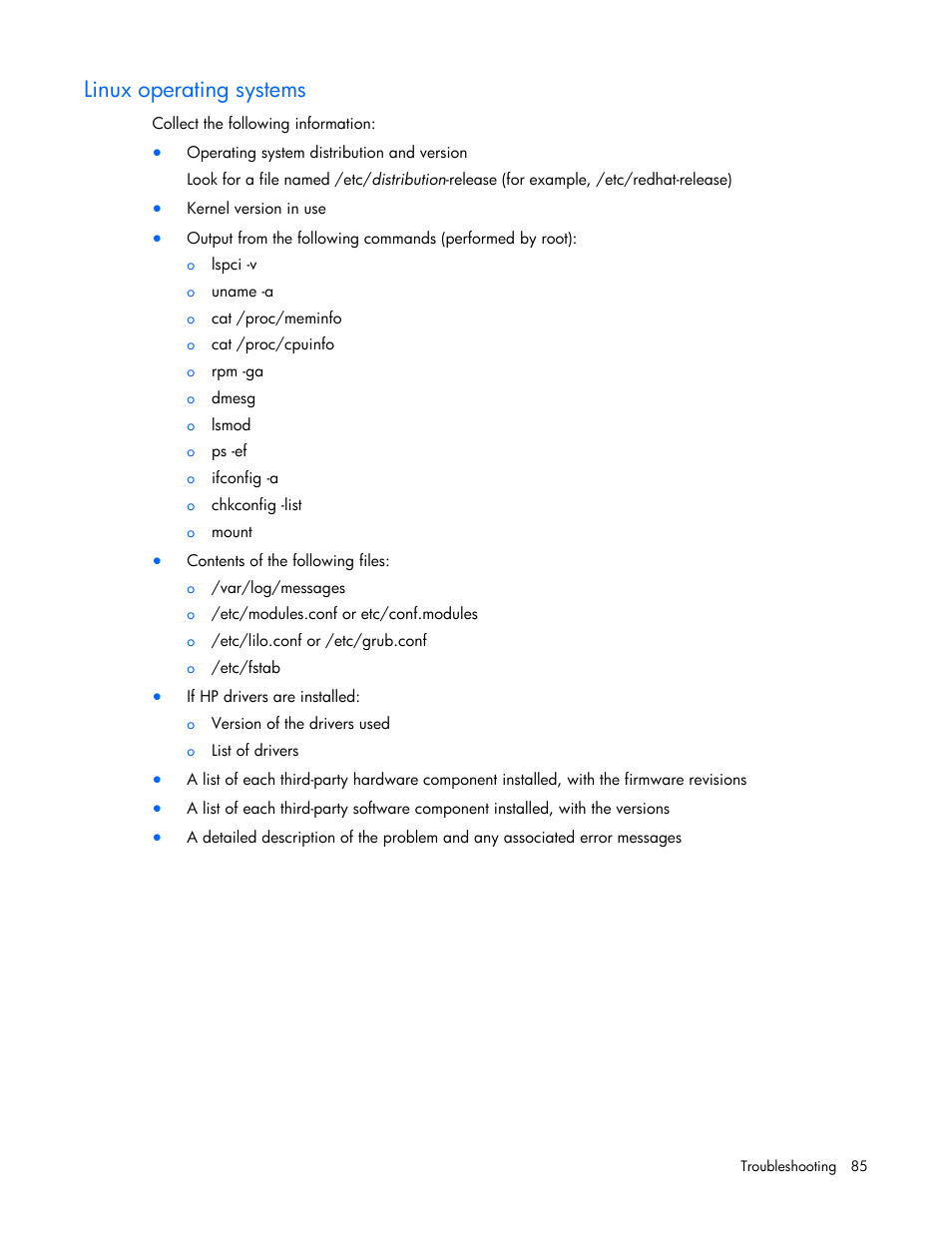 Linux operating systems | HP ProLiant ML110 G6 Server User Manual | Page 85 / 109