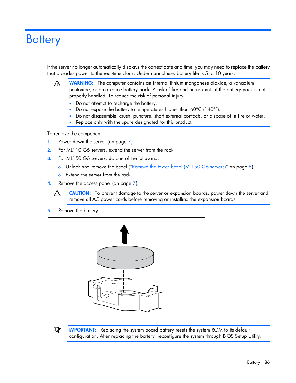 Battery | HP ProLiant ML110 G6 Server User Manual | Page 86 / 109