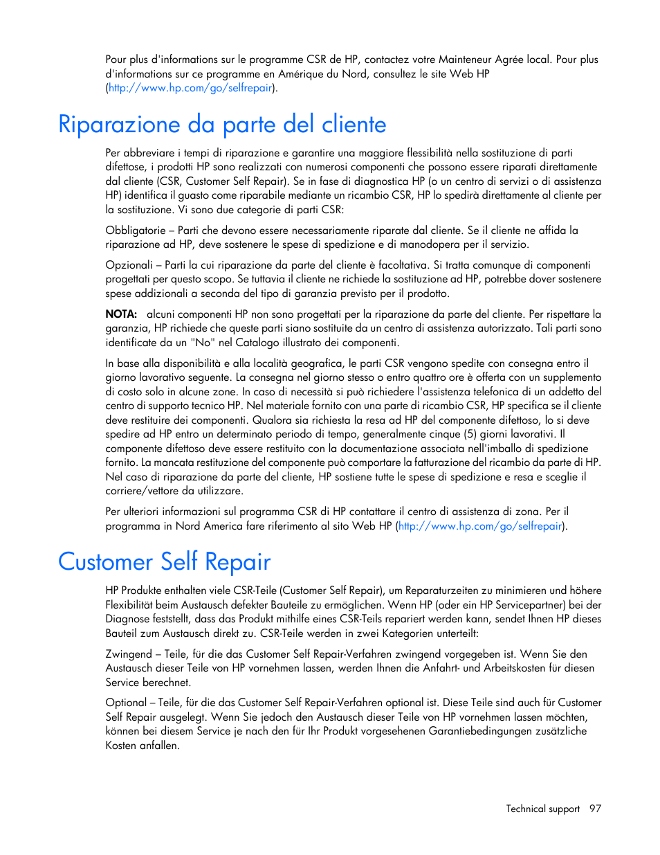 Riparazione da parte del cliente, Customer self repair | HP ProLiant ML110 G6 Server User Manual | Page 97 / 109