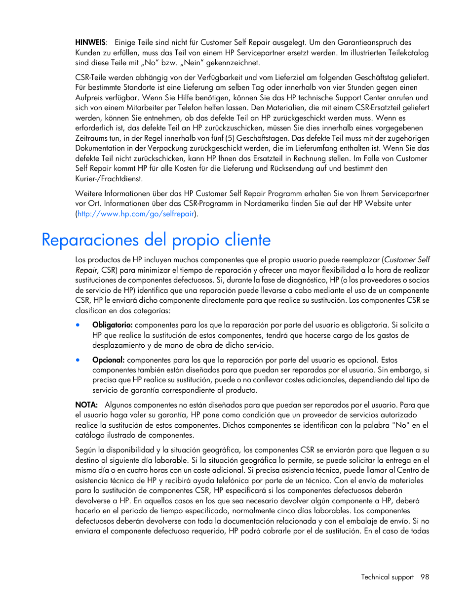 Reparaciones del propio cliente | HP ProLiant ML110 G6 Server User Manual | Page 98 / 109