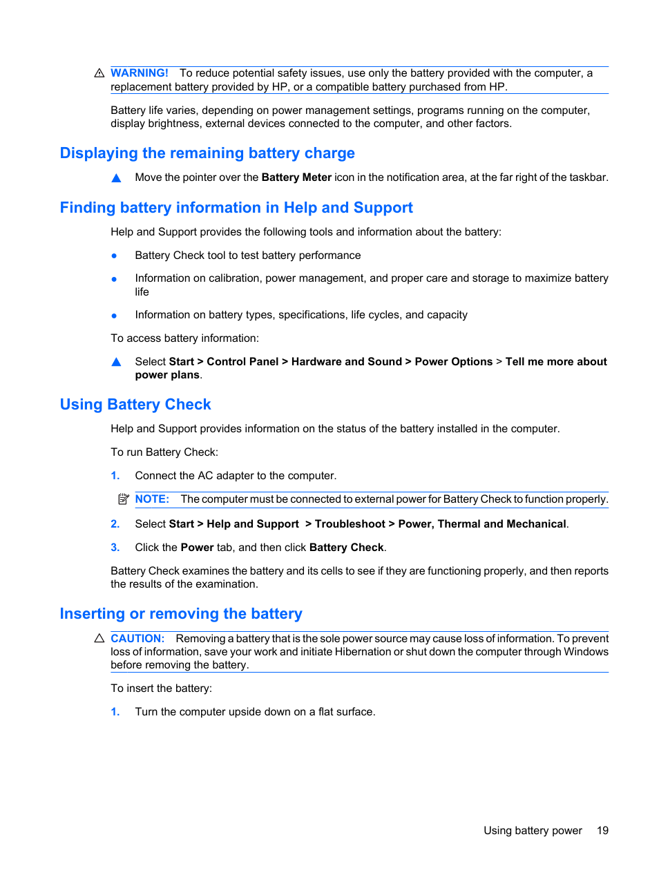 Displaying the remaining battery charge, Finding battery information in help and support, Using battery check | Inserting or removing the battery | HP Mini 210-1020EH PC User Manual | Page 27 / 93