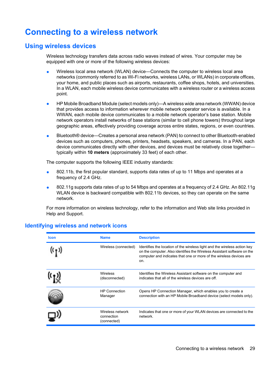 Connecting to a wireless network, Using wireless devices, Identifying wireless and network icons | HP Mini 210-1020EH PC User Manual | Page 37 / 93