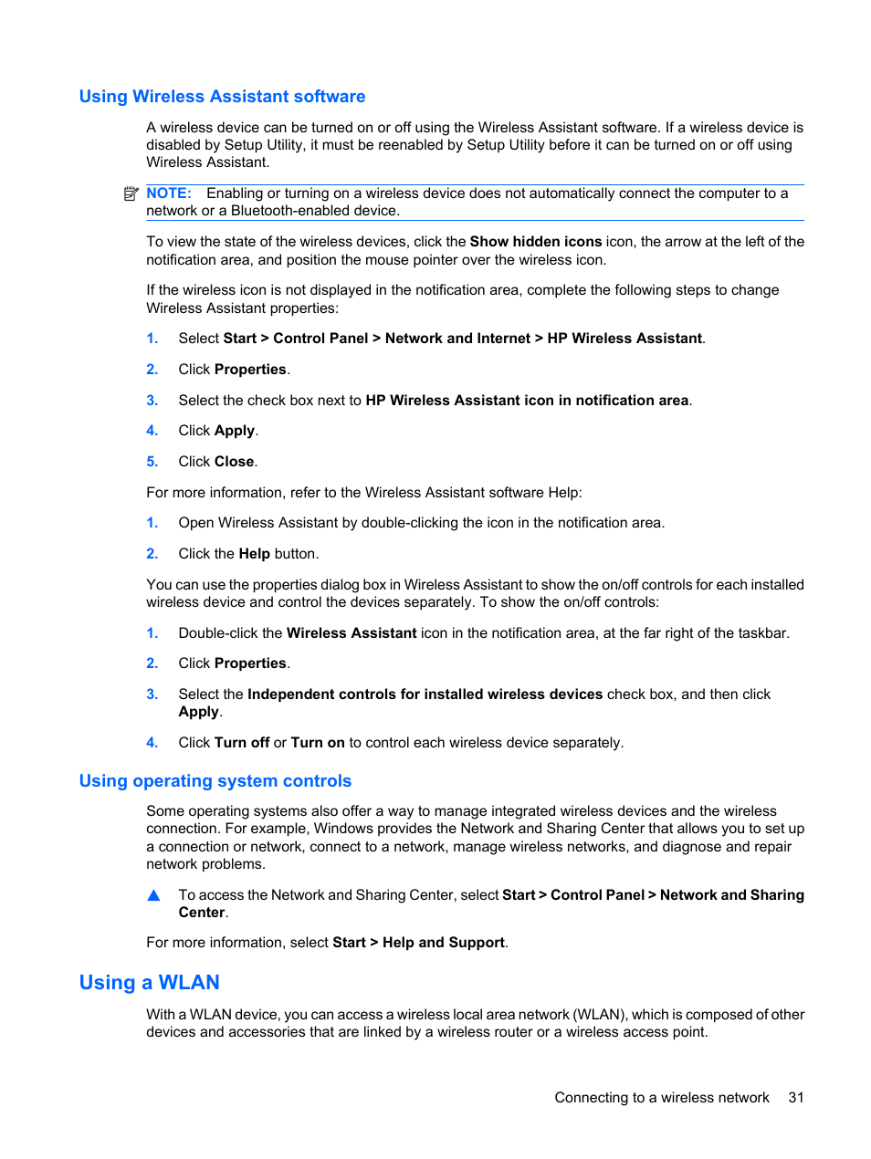 Using wireless assistant software, Using operating system controls, Using a wlan | HP Mini 210-1020EH PC User Manual | Page 39 / 93