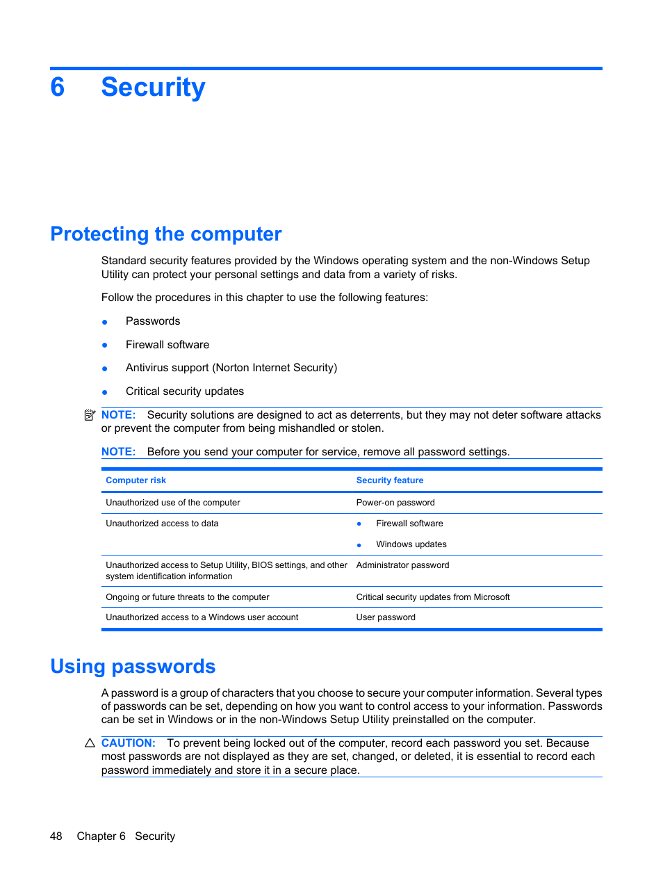 Security, Protecting the computer, Using passwords | 6 security, Protecting the computer using passwords, 6security | HP Mini 210-1020EH PC User Manual | Page 56 / 93