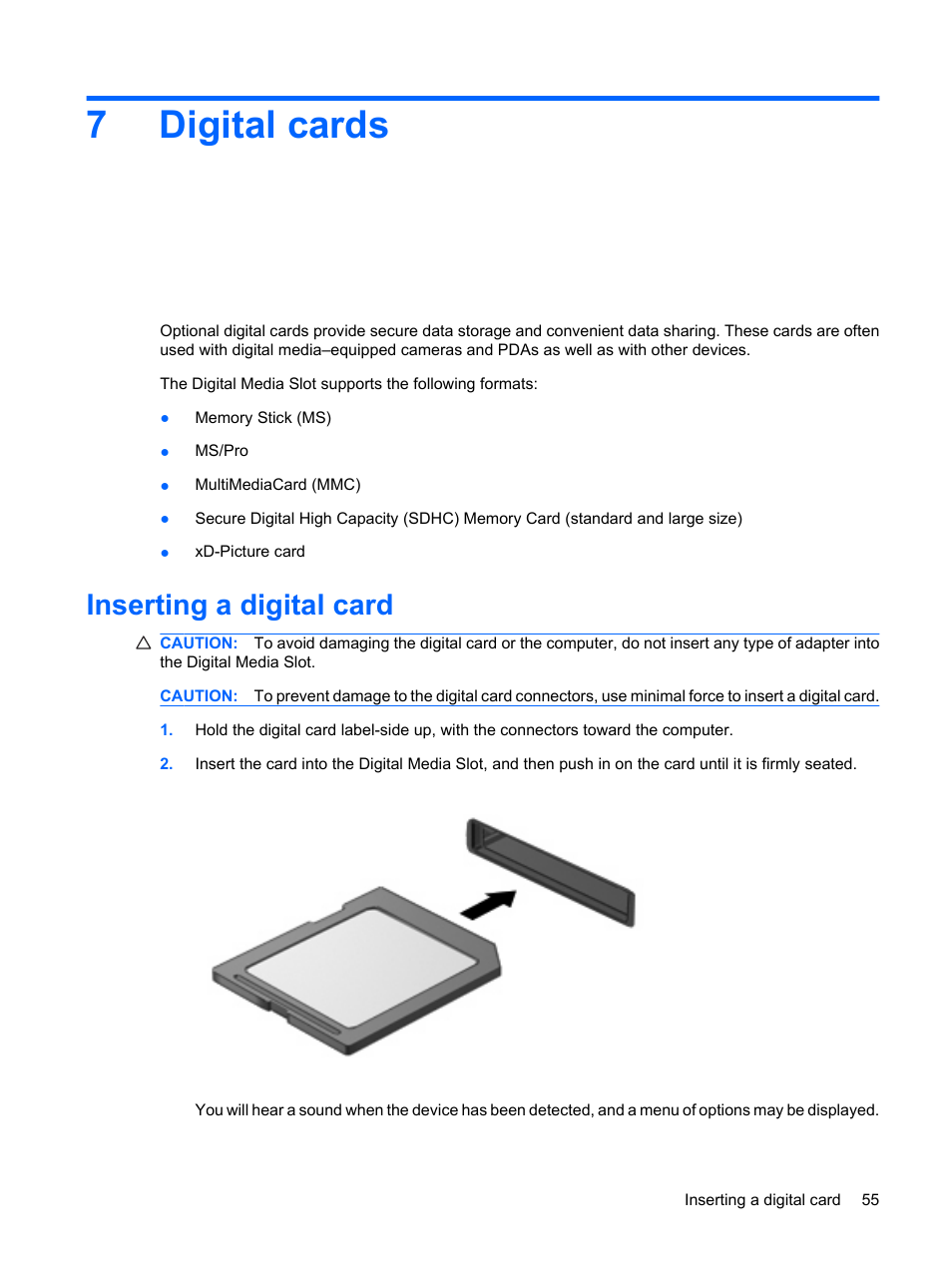 Digital cards, Inserting a digital card, 7 digital cards | 7digital cards | HP Mini 210-1020EH PC User Manual | Page 63 / 93