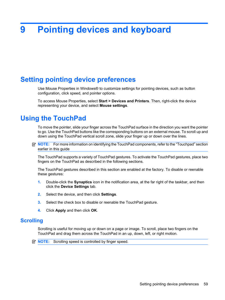 Pointing devices and keyboard, Setting pointing device preferences, Using the touchpad | Scrolling, 9 pointing devices and keyboard, 9pointing devices and keyboard | HP Mini 210-1020EH PC User Manual | Page 67 / 93