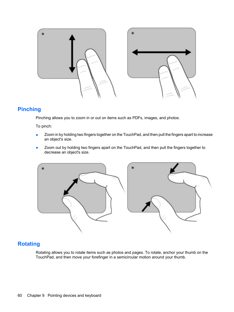 Pinching, Rotating, Pinching rotating | HP Mini 210-1020EH PC User Manual | Page 68 / 93