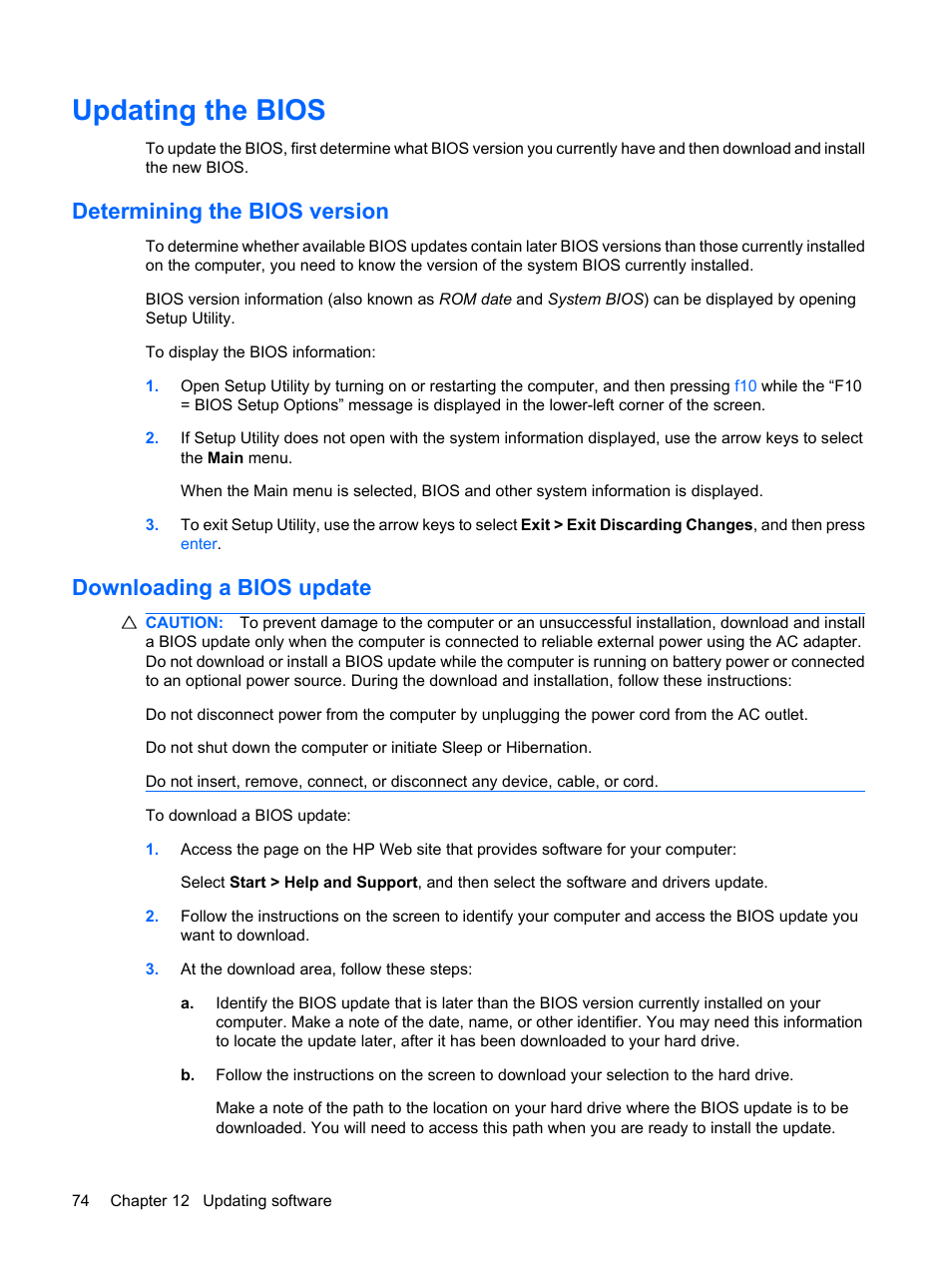 Updating the bios, Determining the bios version, Downloading a bios update | HP Mini 210-1020EH PC User Manual | Page 82 / 93