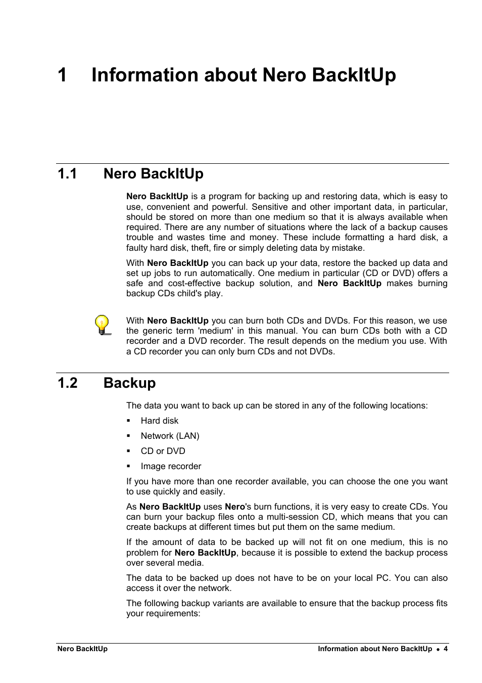 Information about nero backitup, Nero backitup, Backup | 1 information about nero backitup, 1 nero backitup, 2 backup | HP CD52 External CD-Writer Series User Manual | Page 4 / 26