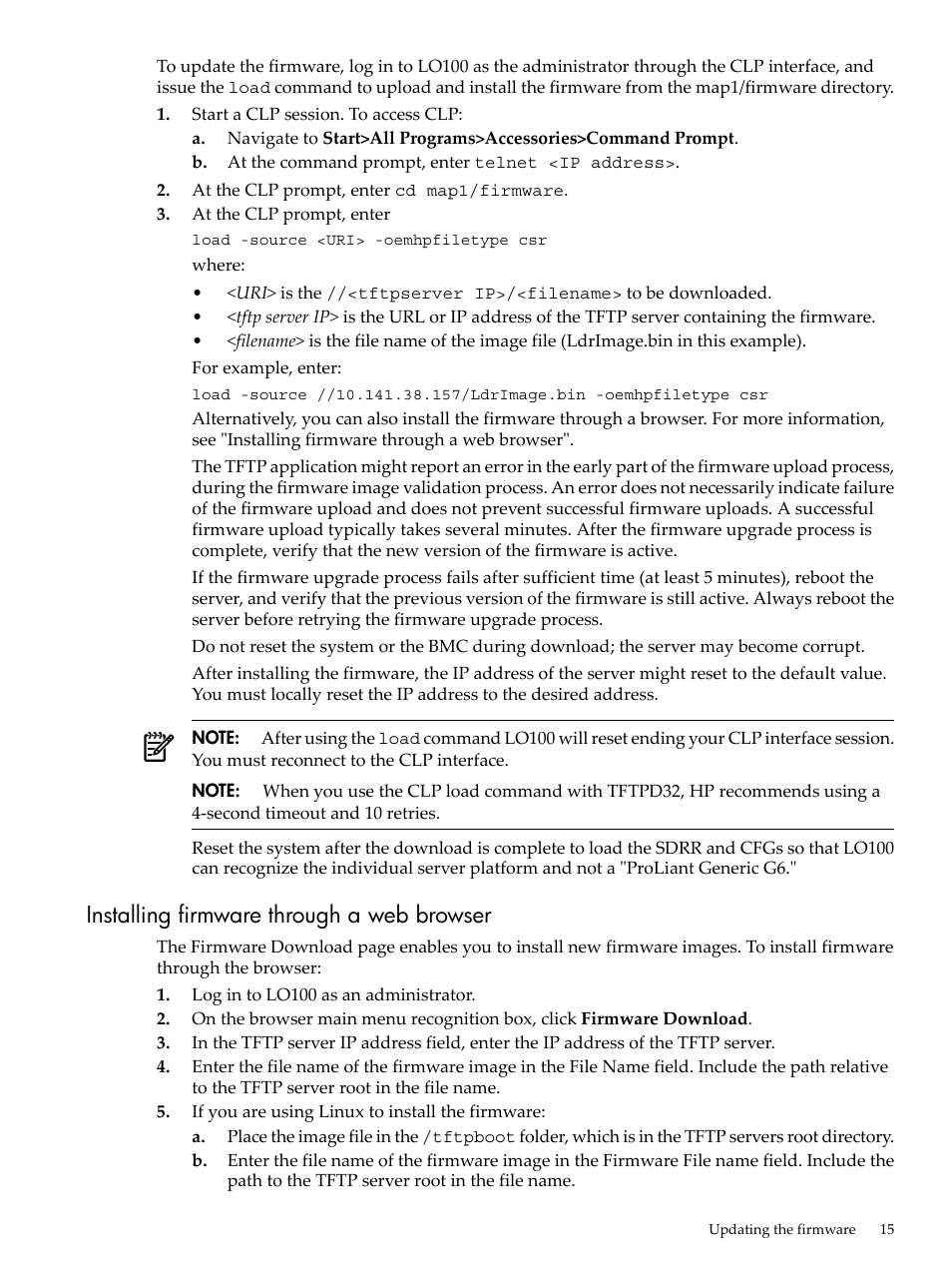 Installing firmware through a web browser | HP Lights-Out 100 Remote Management User Manual | Page 15 / 62