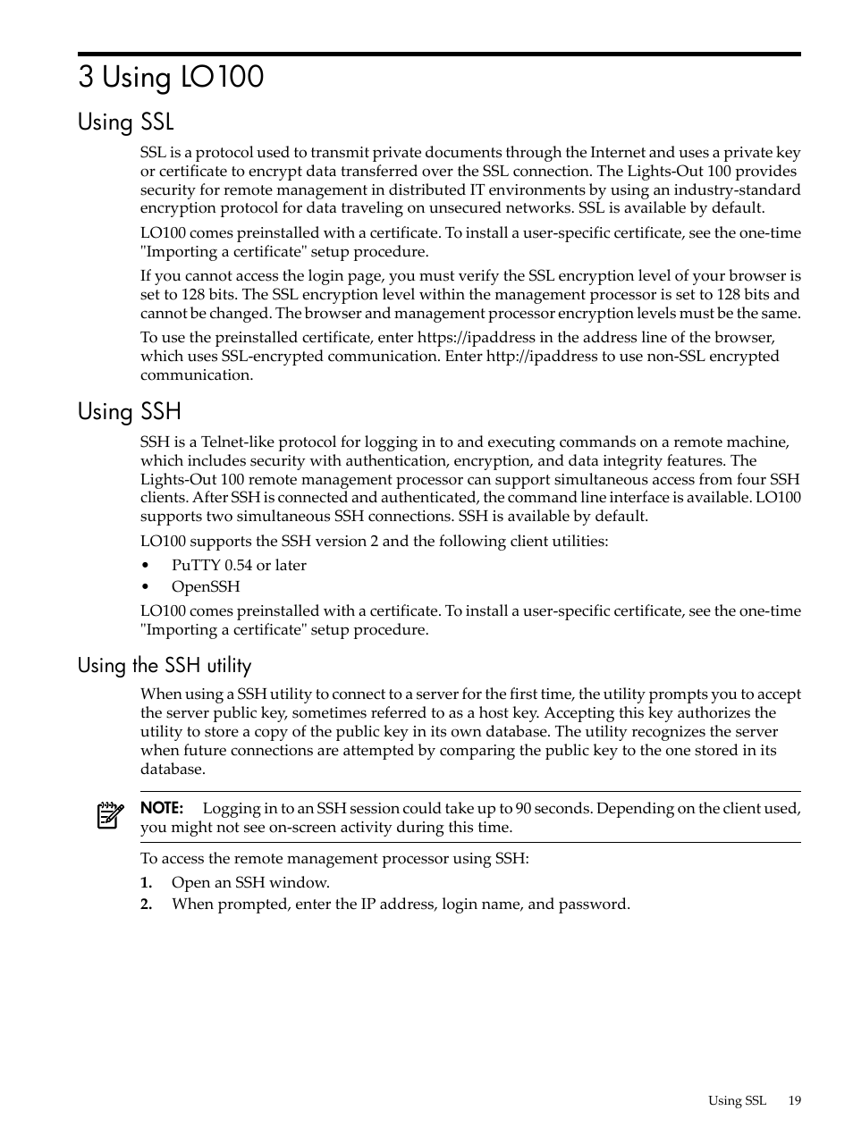 3 using lo100, Using ssl, Using ssh | Using the ssh utility, Using ssl using ssh | HP Lights-Out 100 Remote Management User Manual | Page 19 / 62