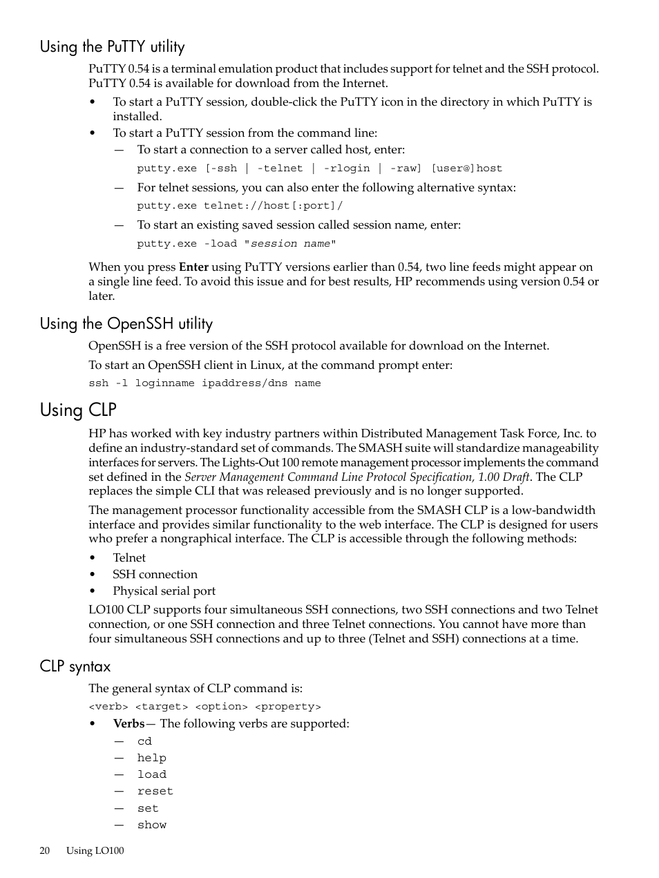 Using the putty utility, Using the openssh utility, Using clp | Clp syntax, Using the putty utility using the openssh utility | HP Lights-Out 100 Remote Management User Manual | Page 20 / 62