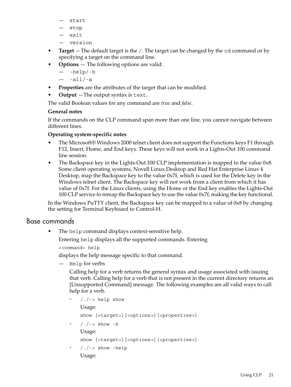 Base commands | HP Lights-Out 100 Remote Management User Manual | Page 21 / 62