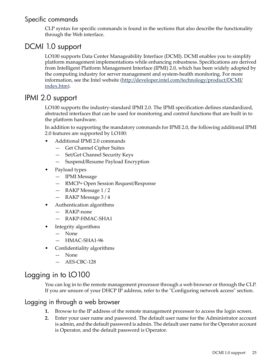 Specific commands, Dcmi 1.0 support, Ipmi 2.0 support | Logging in to lo100, Logging in through a web browser | HP Lights-Out 100 Remote Management User Manual | Page 25 / 62