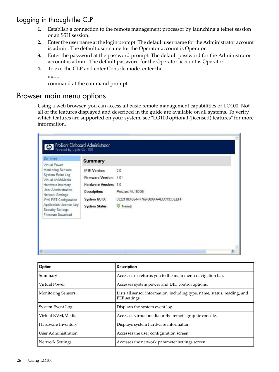 Logging in through the clp, Browser main menu options | HP Lights-Out 100 Remote Management User Manual | Page 26 / 62