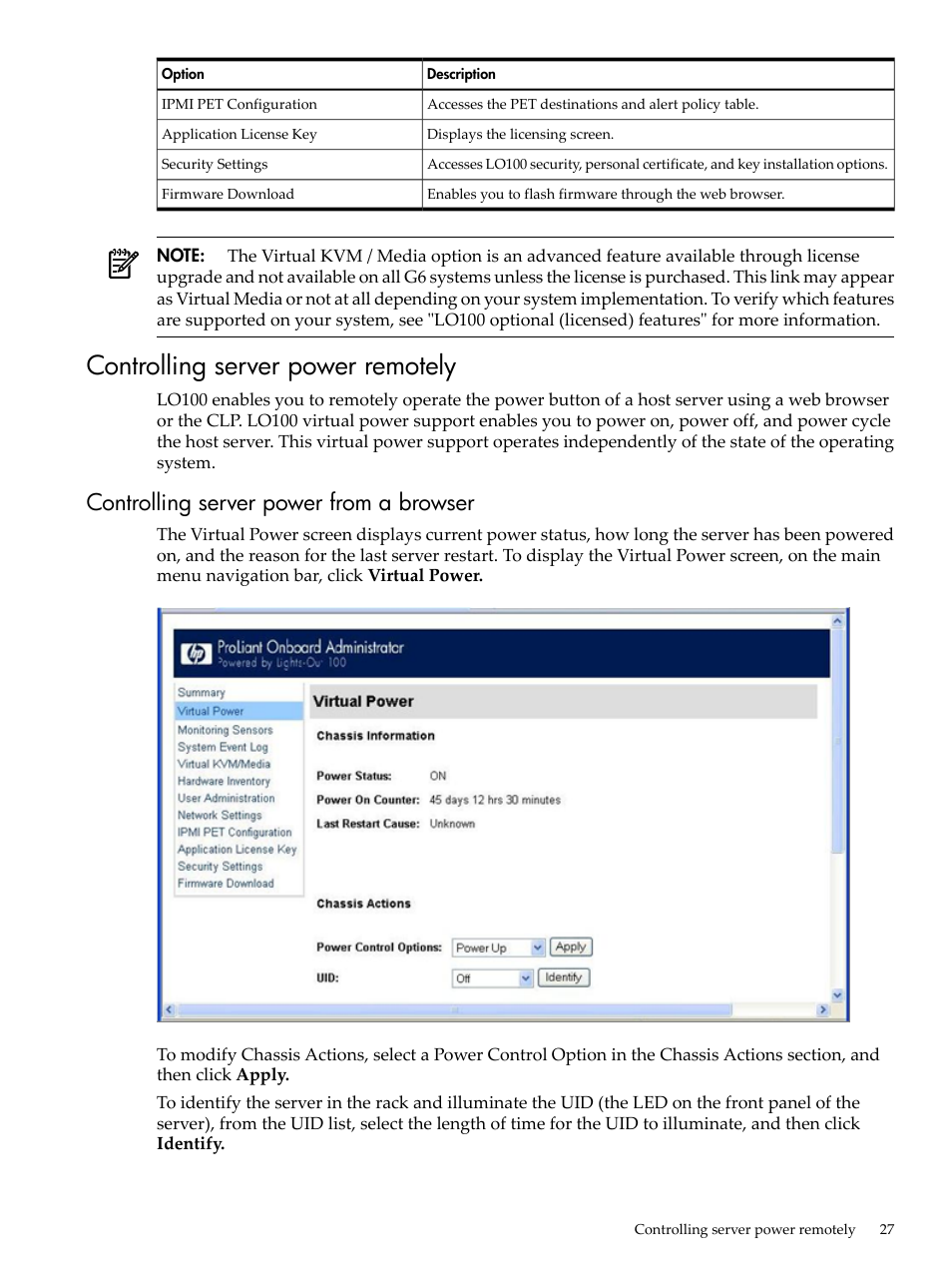 Controlling server power remotely, Controlling server power from a browser | HP Lights-Out 100 Remote Management User Manual | Page 27 / 62
