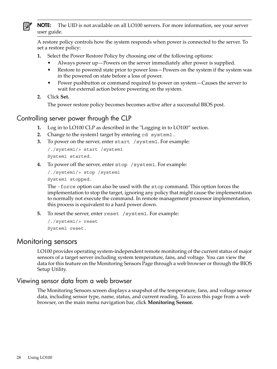 Controlling server power through the clp, Monitoring sensors, Viewing sensor data from a web browser | HP Lights-Out 100 Remote Management User Manual | Page 28 / 62