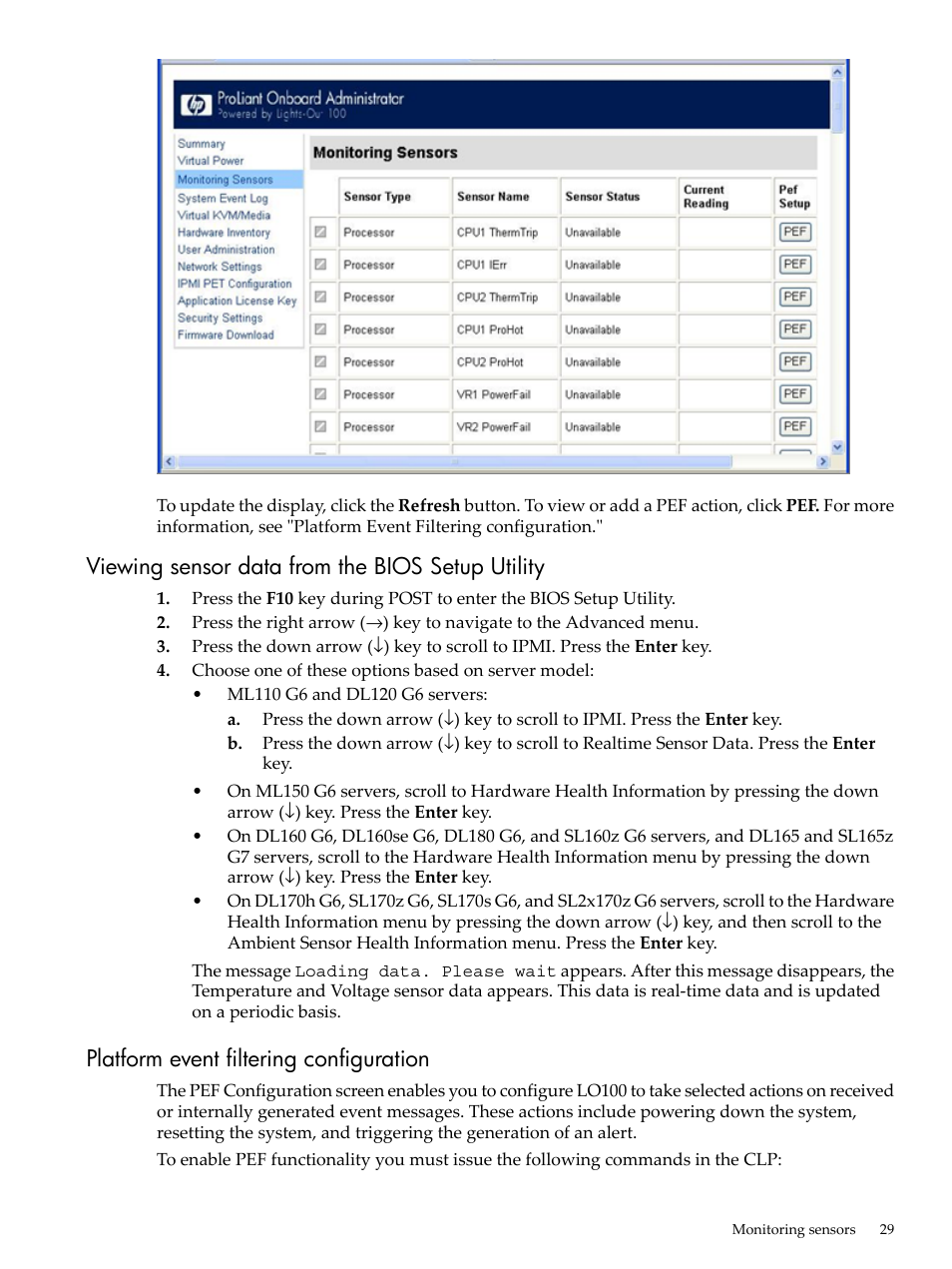 Viewing sensor data from the bios setup utility, Platform event filtering configuration | HP Lights-Out 100 Remote Management User Manual | Page 29 / 62