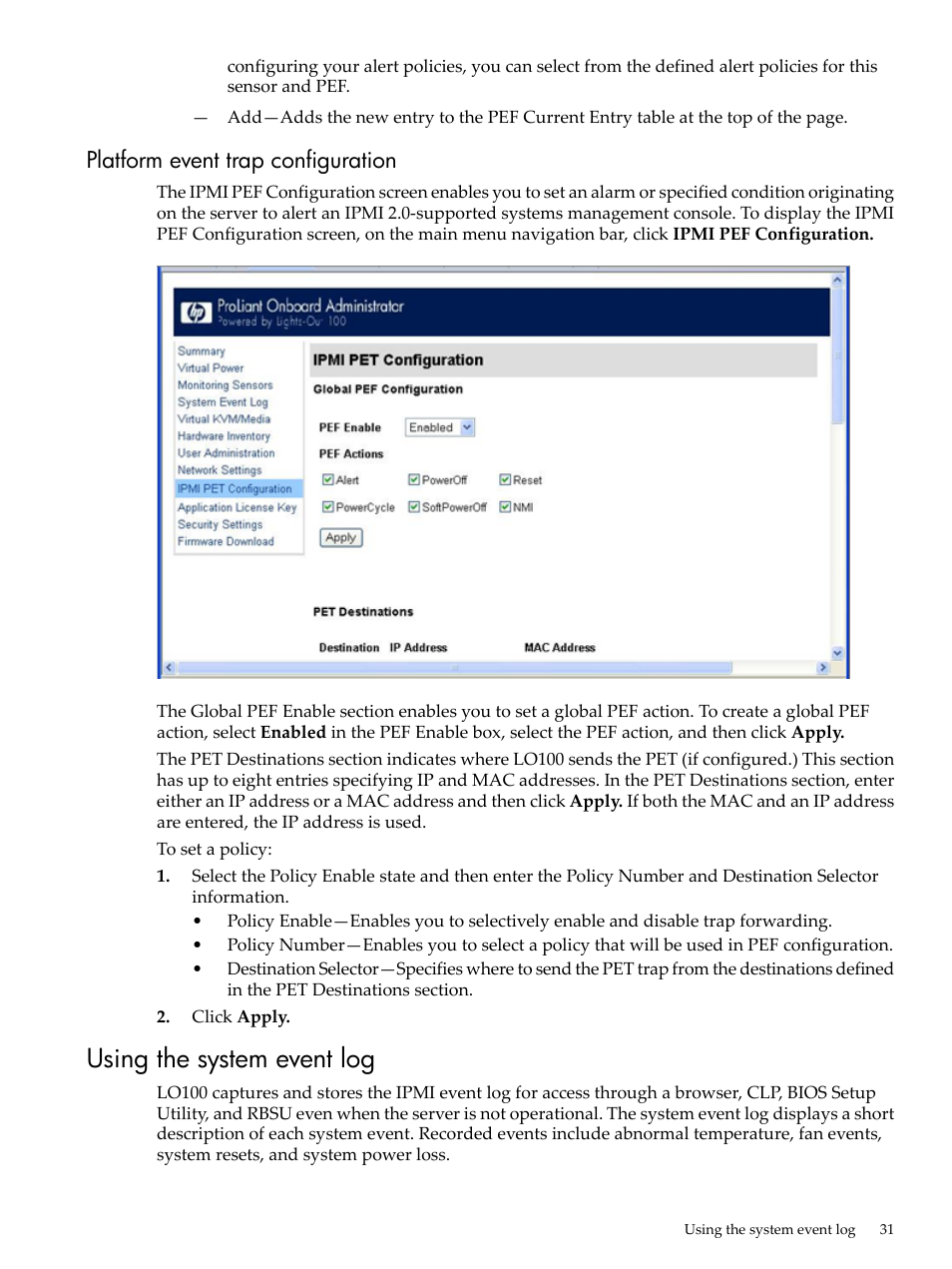 Platform event trap configuration, Using the system event log | HP Lights-Out 100 Remote Management User Manual | Page 31 / 62