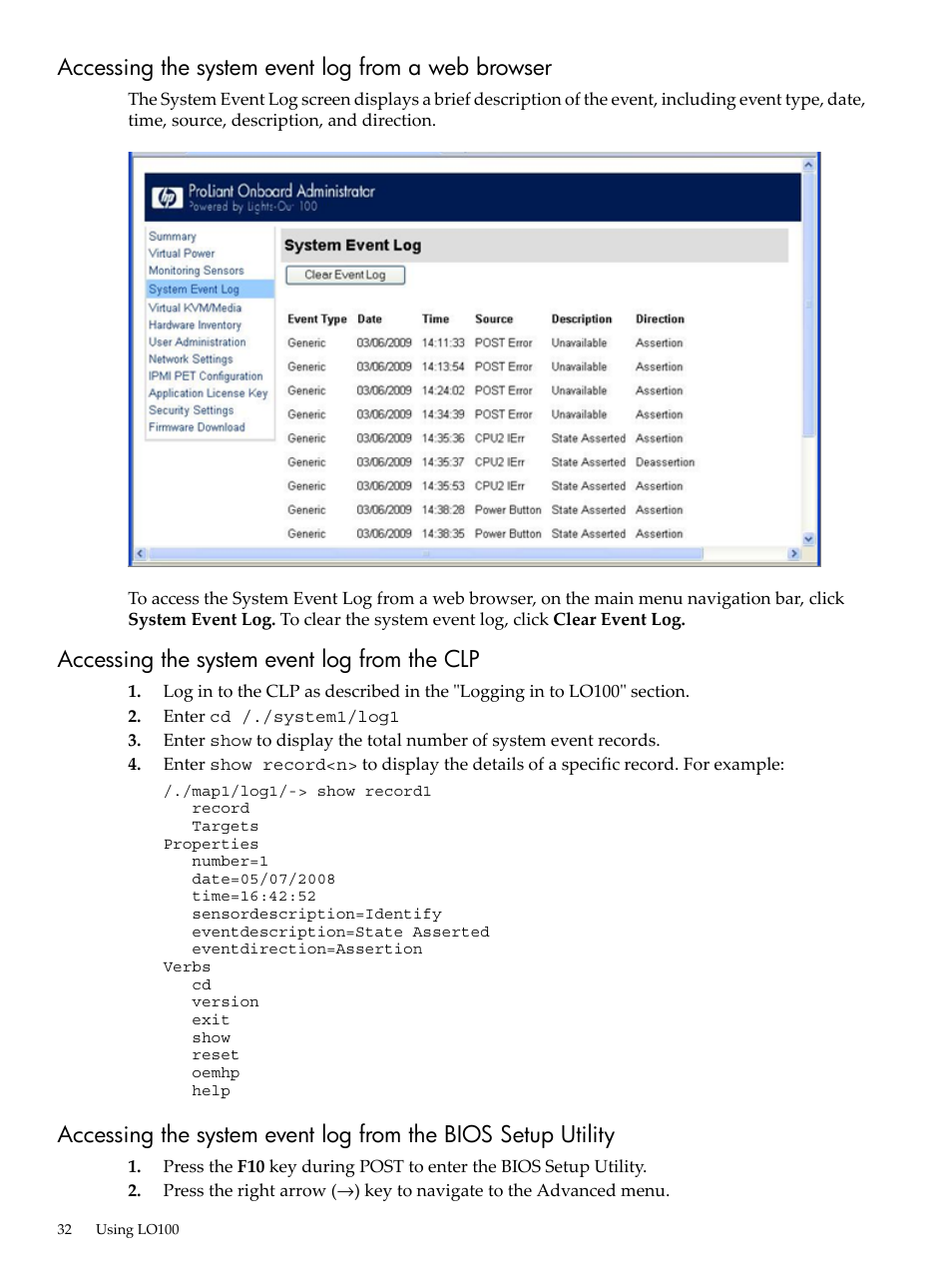 Accessing the system event log from a web browser, Accessing the system event log from the clp | HP Lights-Out 100 Remote Management User Manual | Page 32 / 62