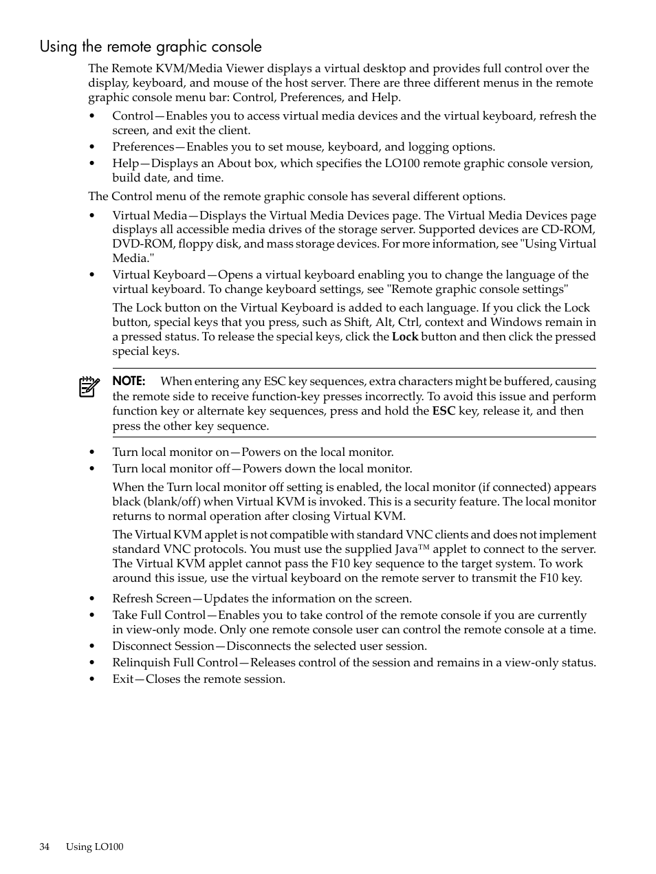 Using the remote graphic console | HP Lights-Out 100 Remote Management User Manual | Page 34 / 62