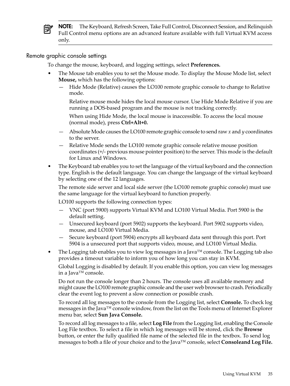 Remote graphic console settings | HP Lights-Out 100 Remote Management User Manual | Page 35 / 62
