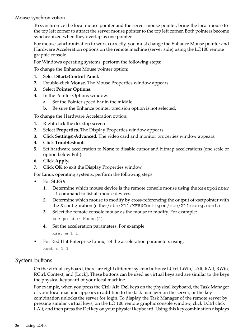 Mouse synchronization, System buttons | HP Lights-Out 100 Remote Management User Manual | Page 36 / 62