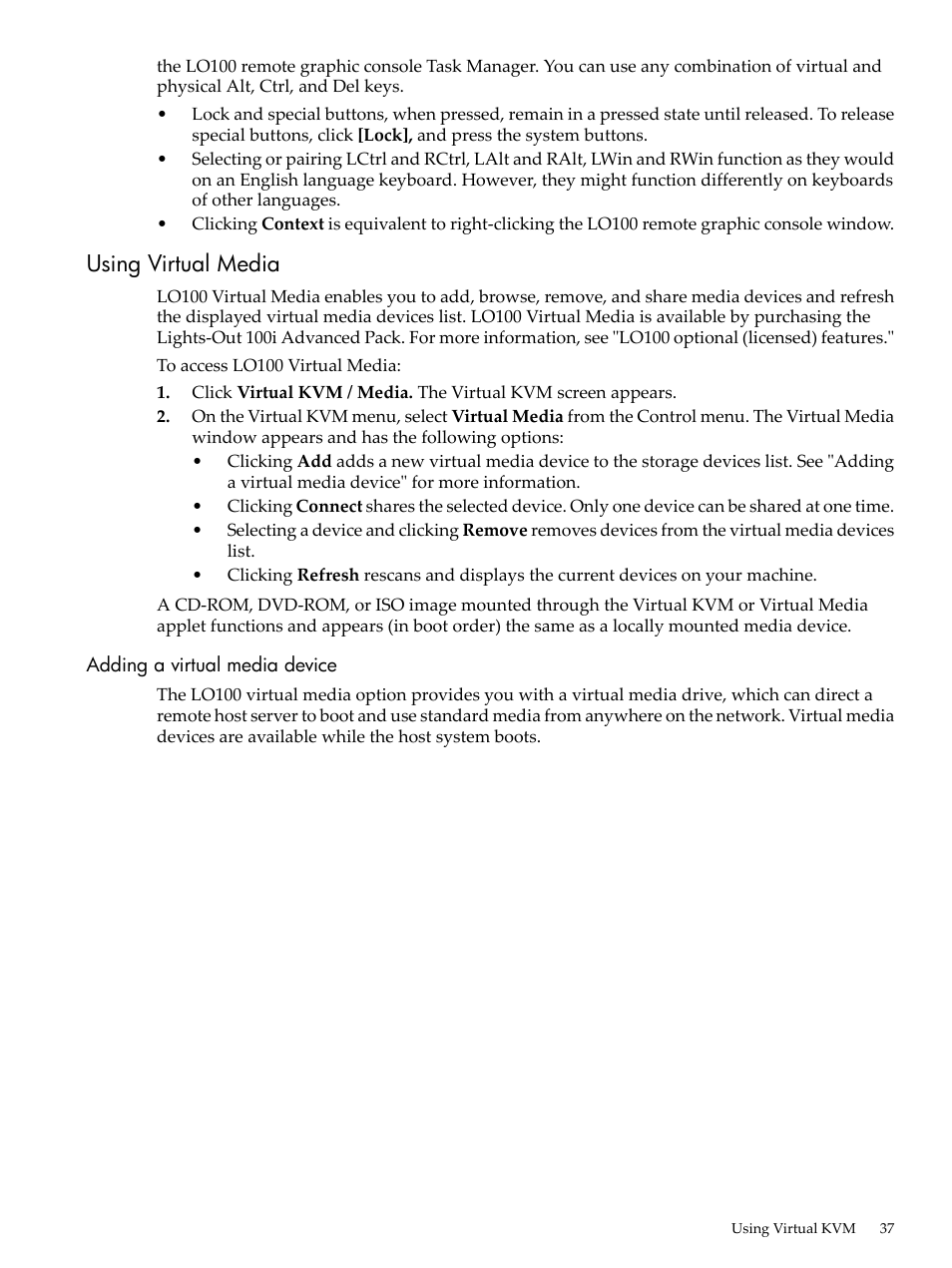Using virtual media, Adding a virtual media device | HP Lights-Out 100 Remote Management User Manual | Page 37 / 62