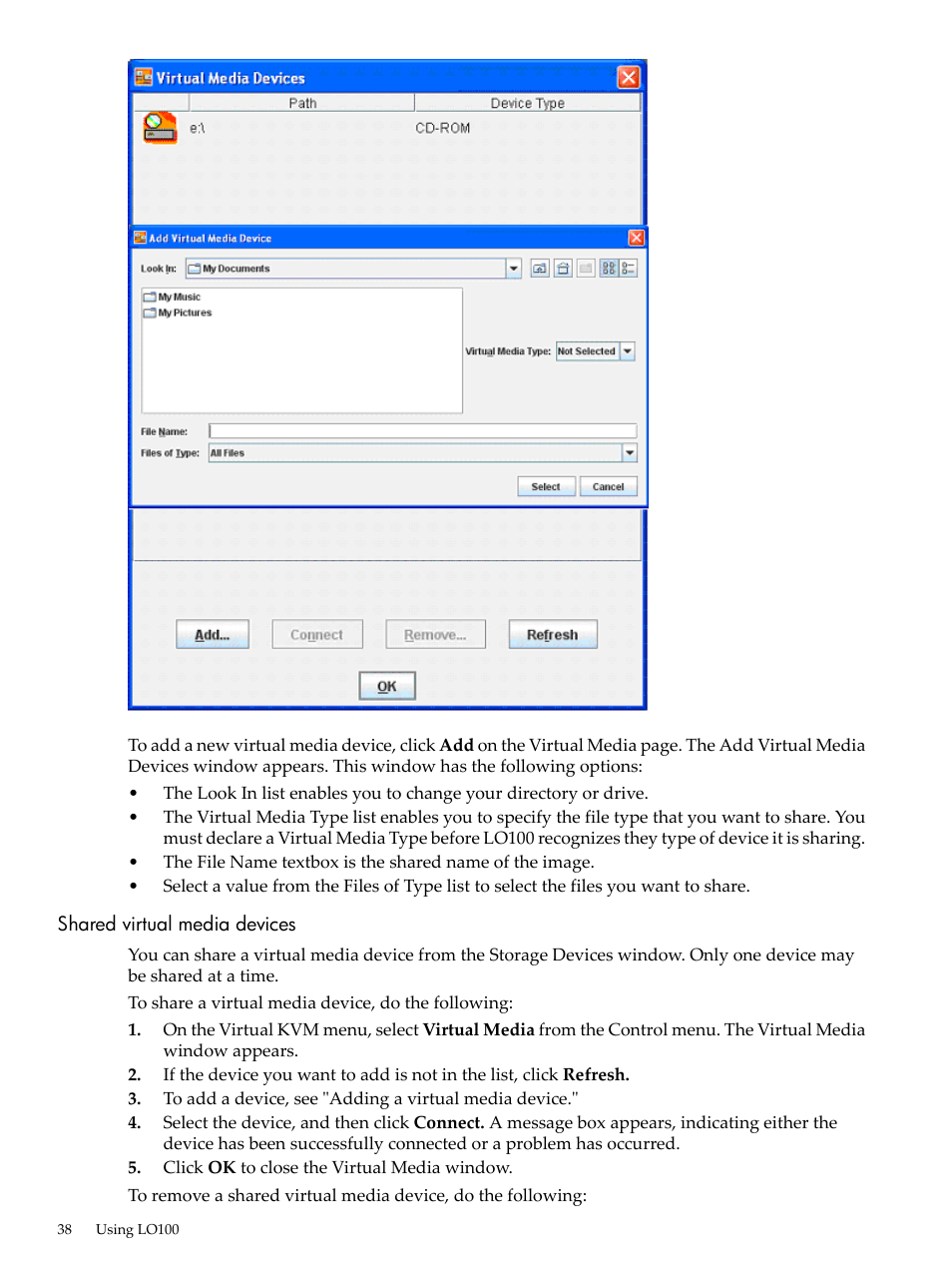 Shared virtual media devices | HP Lights-Out 100 Remote Management User Manual | Page 38 / 62