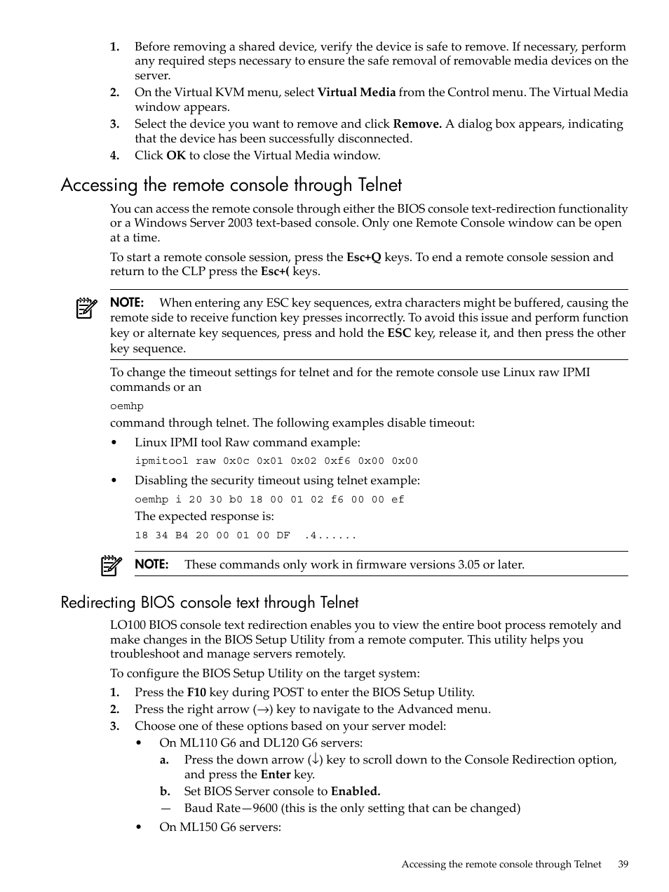 Accessing the remote console through telnet, Redirecting bios console text through telnet | HP Lights-Out 100 Remote Management User Manual | Page 39 / 62