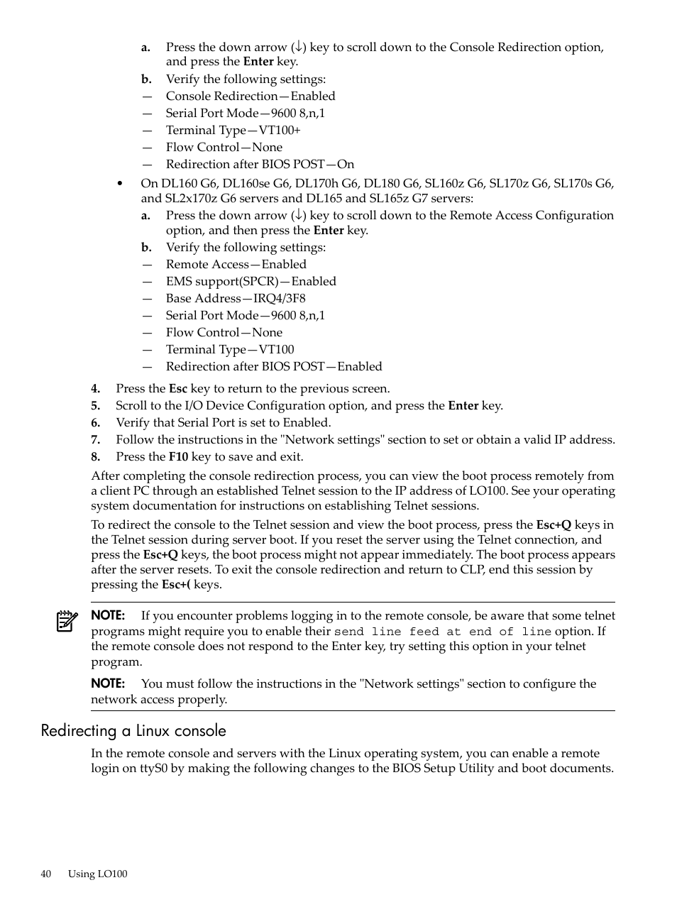 Redirecting a linux console | HP Lights-Out 100 Remote Management User Manual | Page 40 / 62