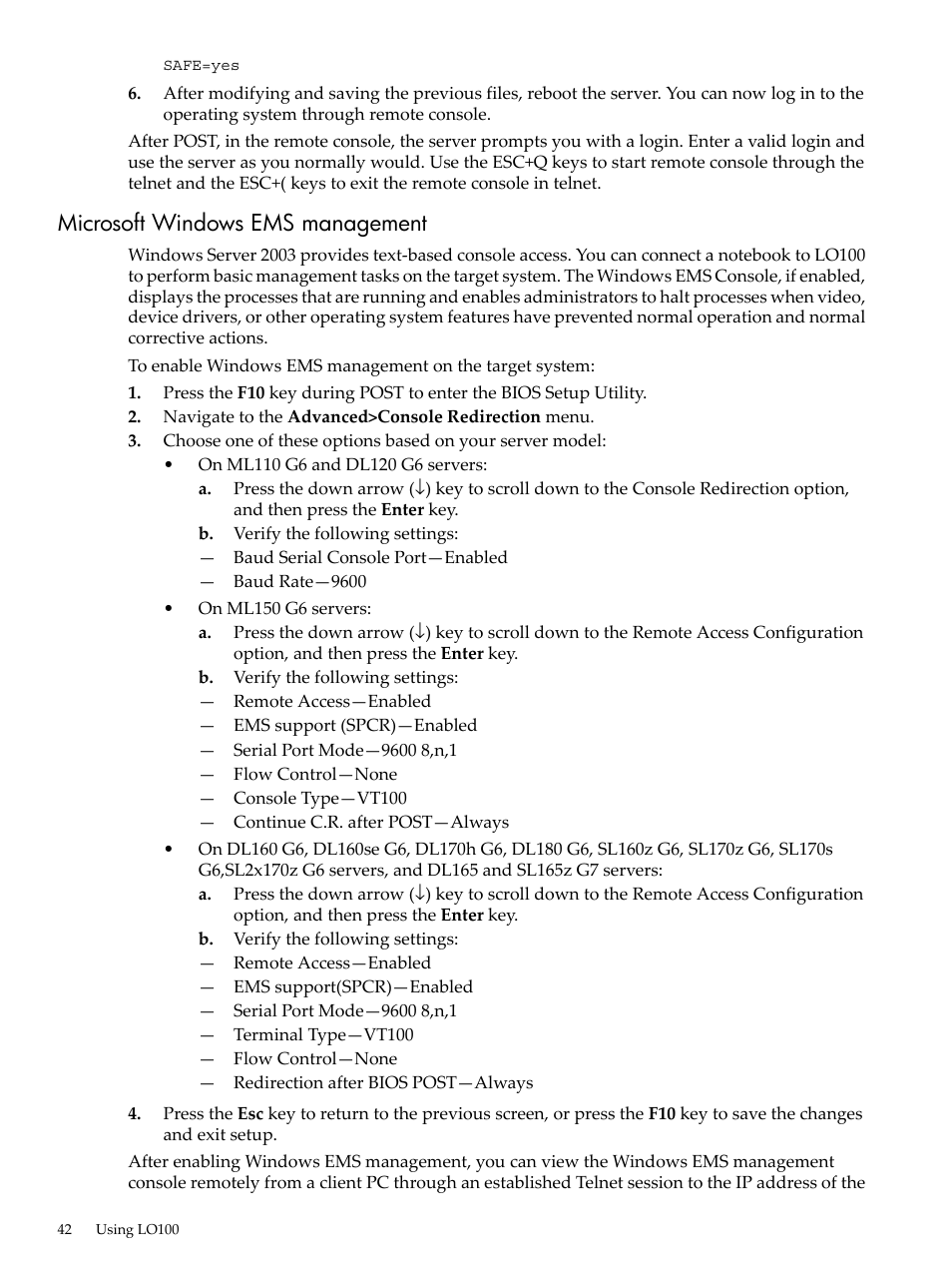 Microsoft windows ems management | HP Lights-Out 100 Remote Management User Manual | Page 42 / 62