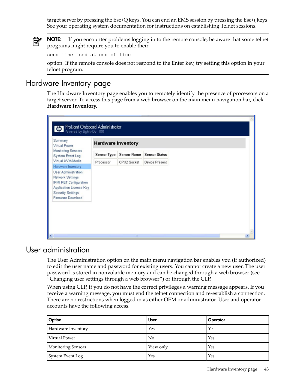 User administration, Hardware inventory page | HP Lights-Out 100 Remote Management User Manual | Page 43 / 62