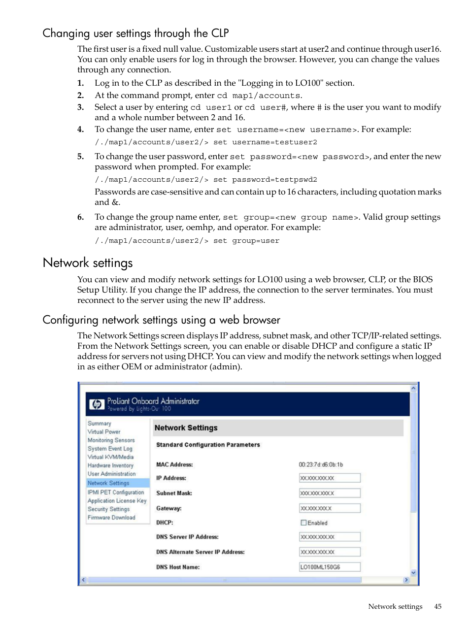 Changing user settings through the clp, Network settings, Configuring network settings using a web browser | HP Lights-Out 100 Remote Management User Manual | Page 45 / 62