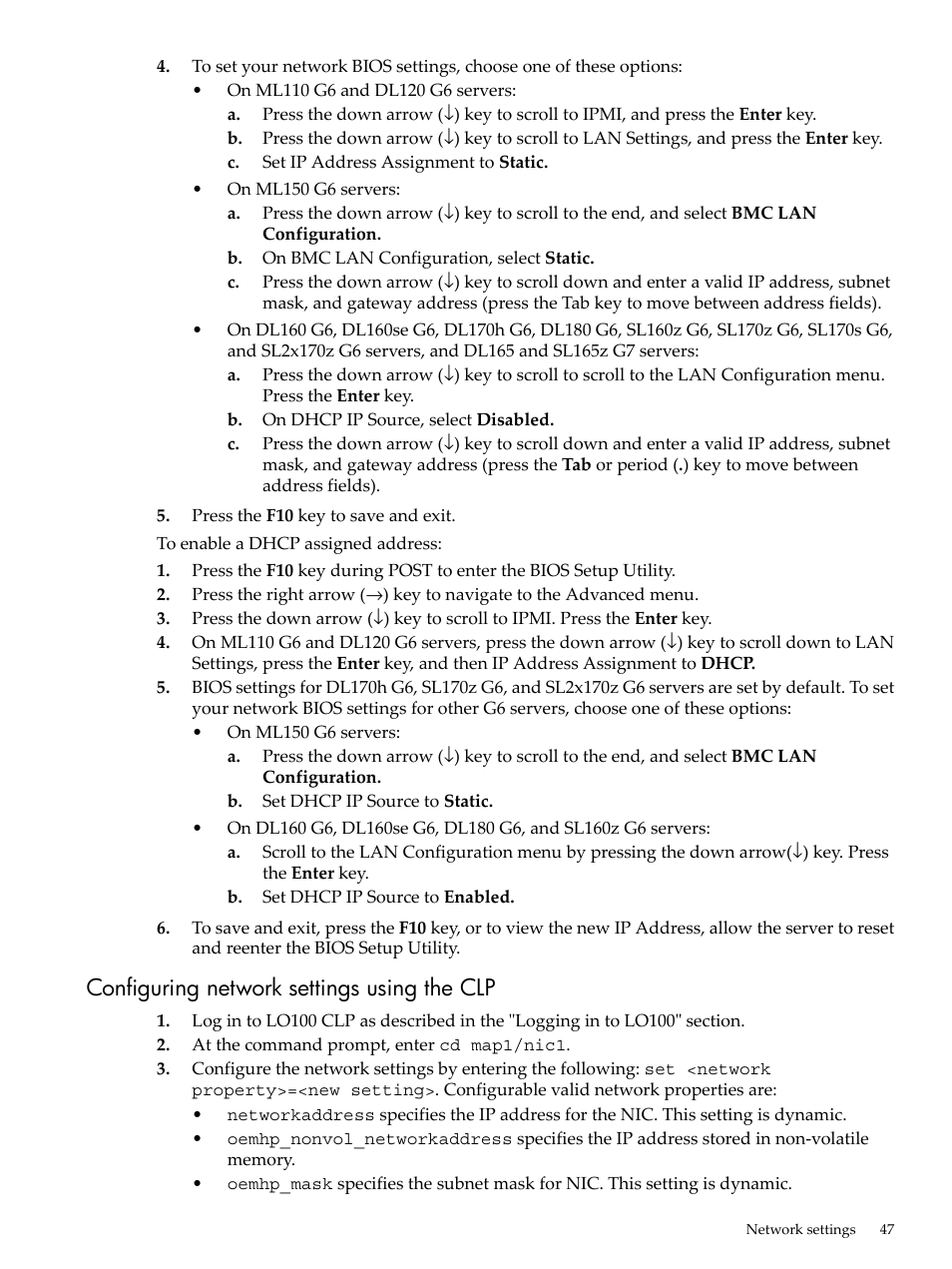 Configuring network settings using the clp | HP Lights-Out 100 Remote Management User Manual | Page 47 / 62