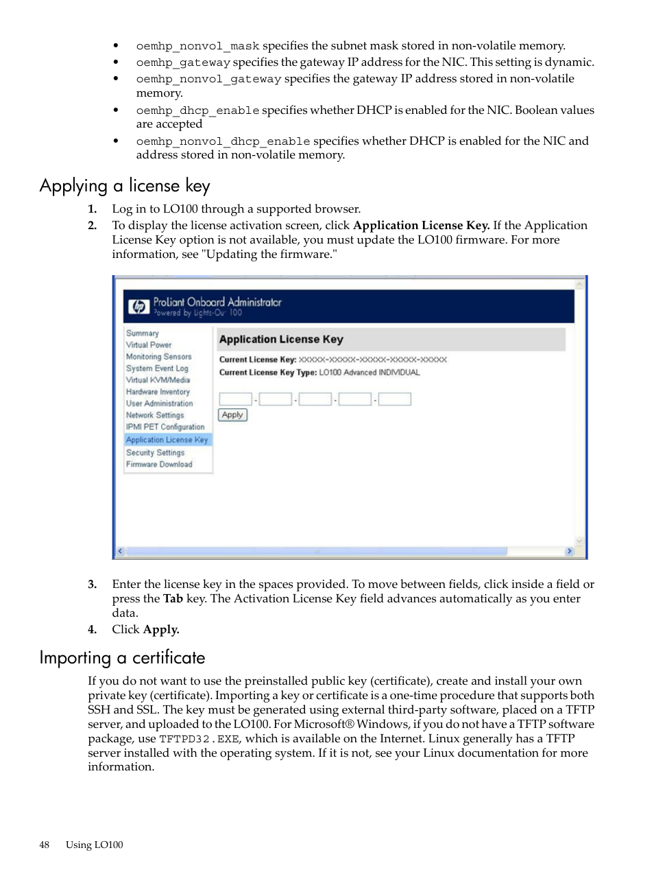 Applying a license key, Importing a certificate, Applying a license key importing a certificate | HP Lights-Out 100 Remote Management User Manual | Page 48 / 62