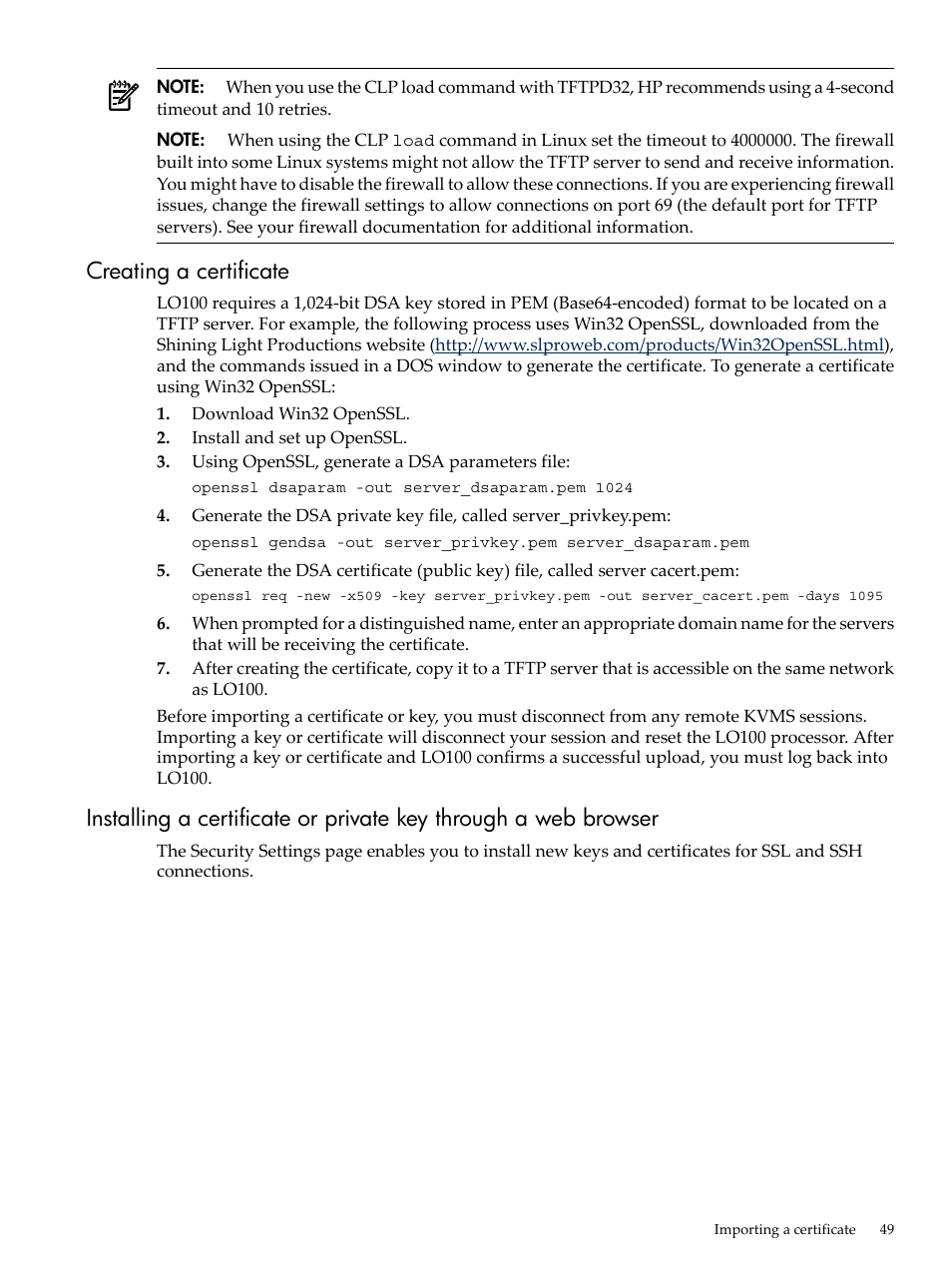 Creating a certificate | HP Lights-Out 100 Remote Management User Manual | Page 49 / 62