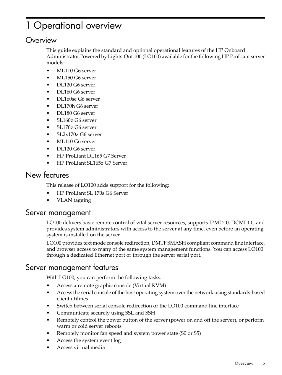 1 operational overview, Overview, New features | Server management, Server management features | HP Lights-Out 100 Remote Management User Manual | Page 5 / 62
