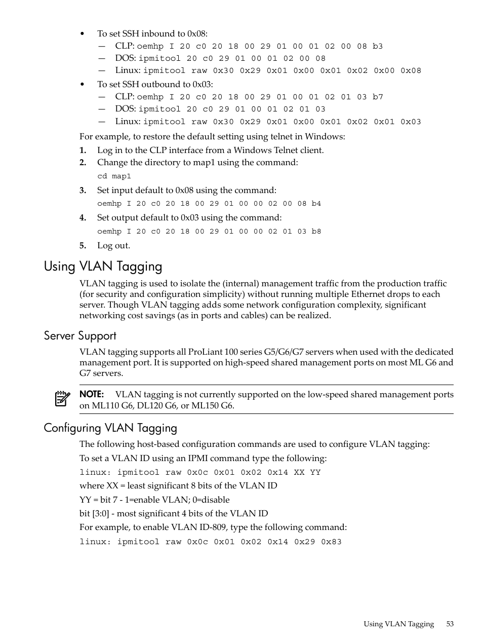 Using vlan tagging, Server support, Configuring vlan tagging | Server support configuring vlan tagging | HP Lights-Out 100 Remote Management User Manual | Page 53 / 62