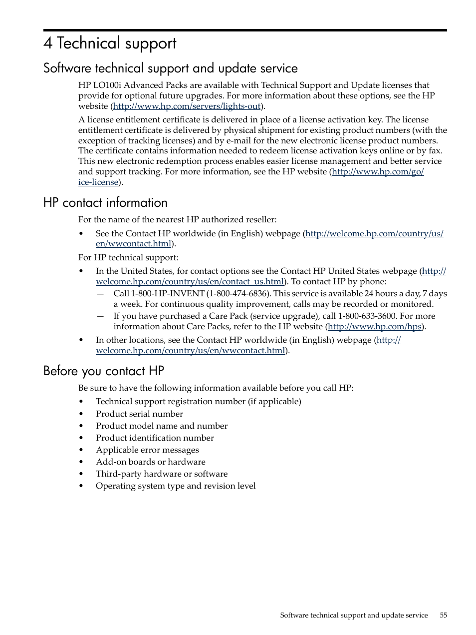 4 technical support, Software technical support and update service, Hp contact information | Before you contact hp | HP Lights-Out 100 Remote Management User Manual | Page 55 / 62