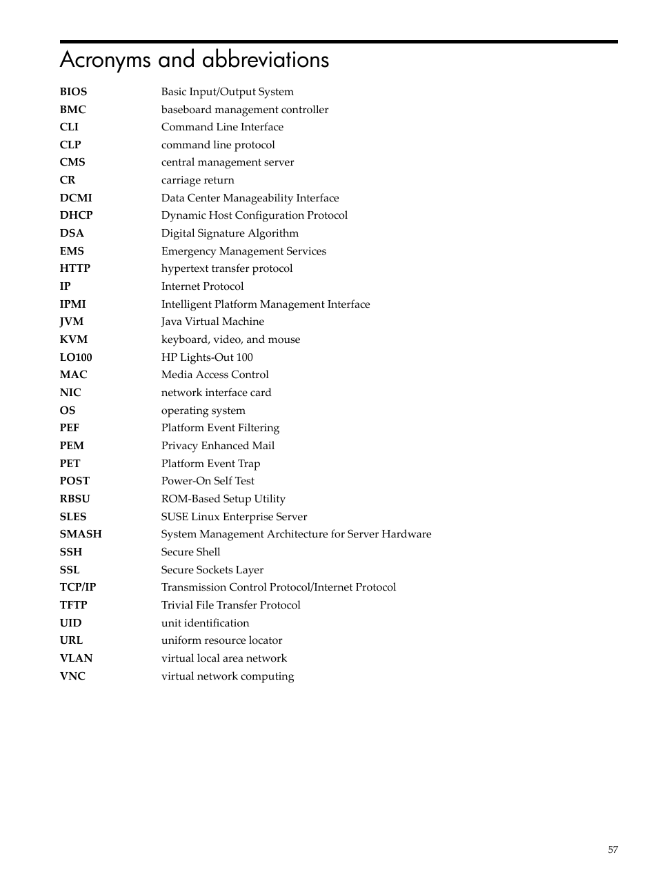 Acronyms and abbreviations | HP Lights-Out 100 Remote Management User Manual | Page 57 / 62