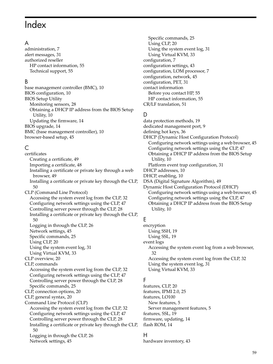 Index | HP Lights-Out 100 Remote Management User Manual | Page 59 / 62