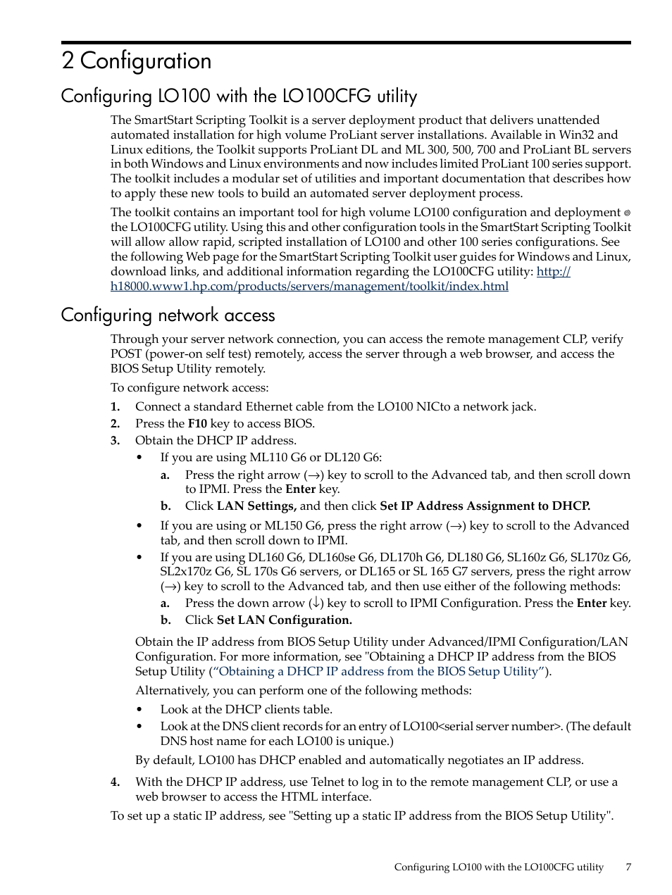 2 configuration, Configuring lo100 with the lo100cfg utility, Configuring network access | HP Lights-Out 100 Remote Management User Manual | Page 7 / 62