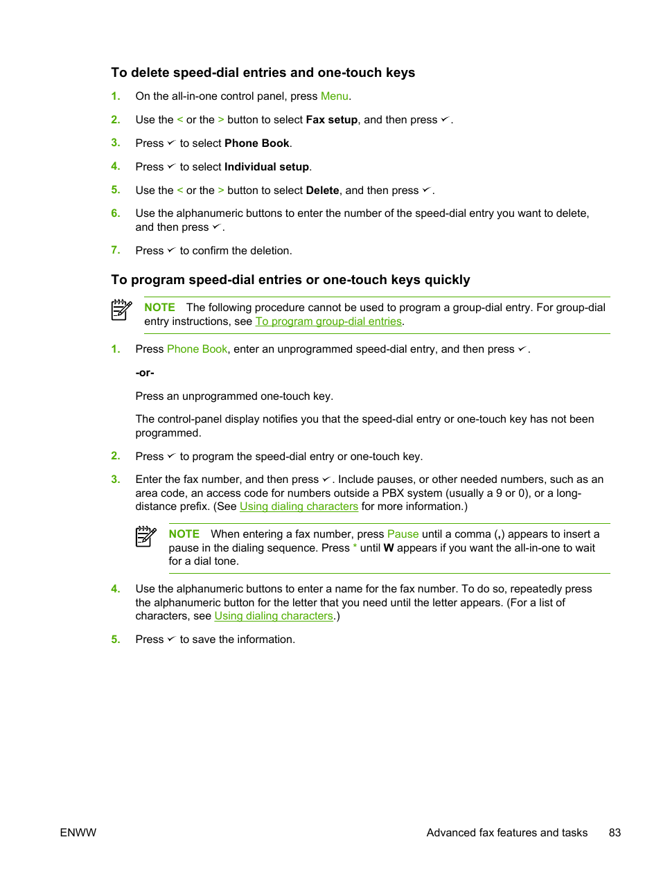 To delete speed-dial entries and one-touch keys | HP LaserJet 3055 User Manual | Page 101 / 430