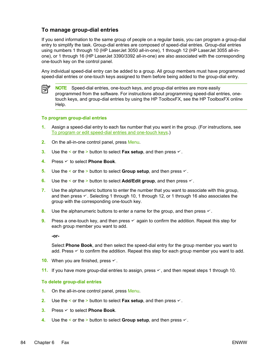 To manage group-dial entries, To program group-dial entries, To delete group-dial entries | If you | HP LaserJet 3055 User Manual | Page 102 / 430