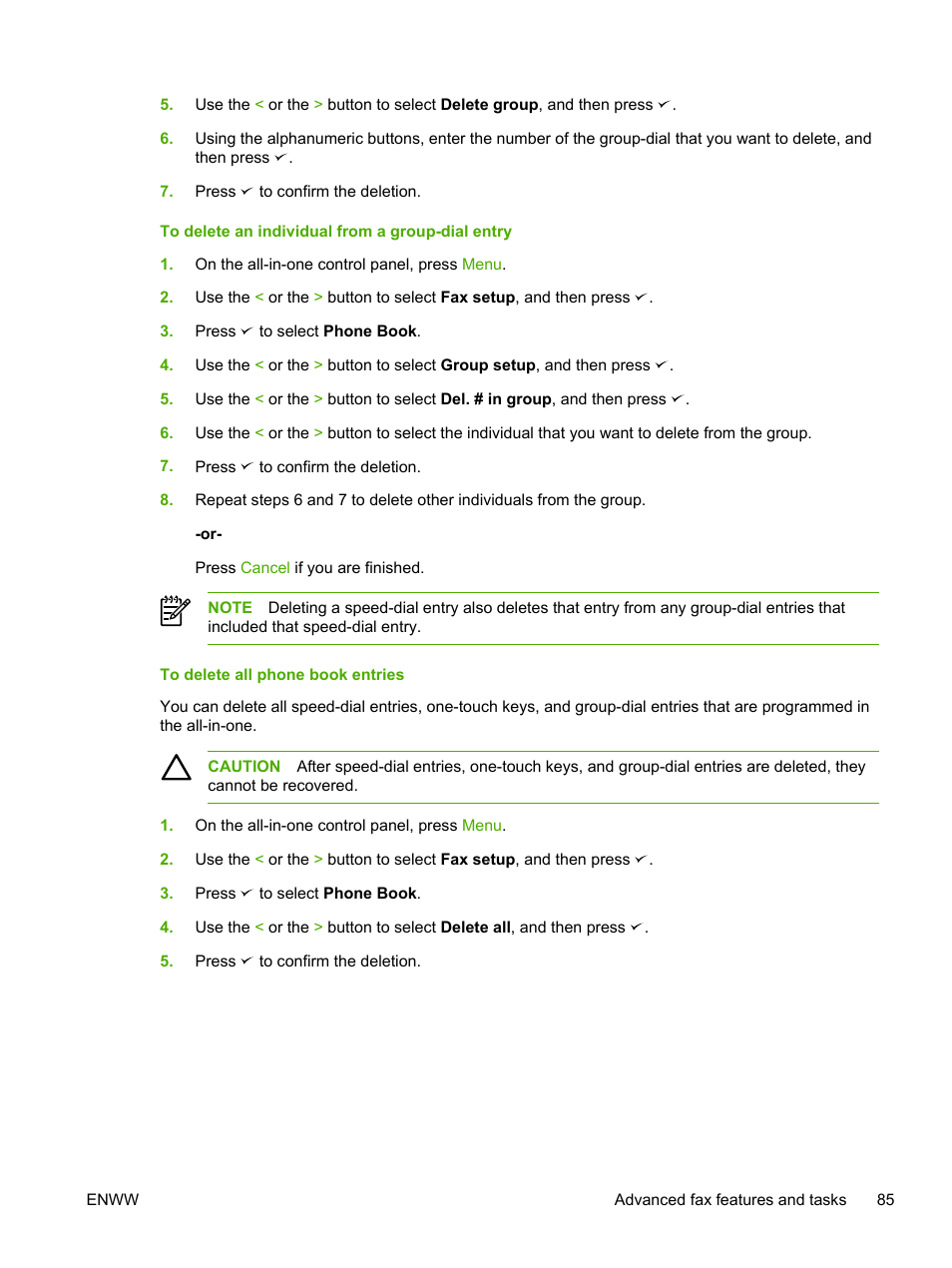 To delete an individual from a group-dial entry, To delete all phone book entries | HP LaserJet 3055 User Manual | Page 103 / 430