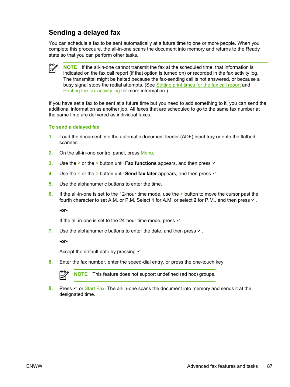 Sending a delayed fax | HP LaserJet 3055 User Manual | Page 105 / 430